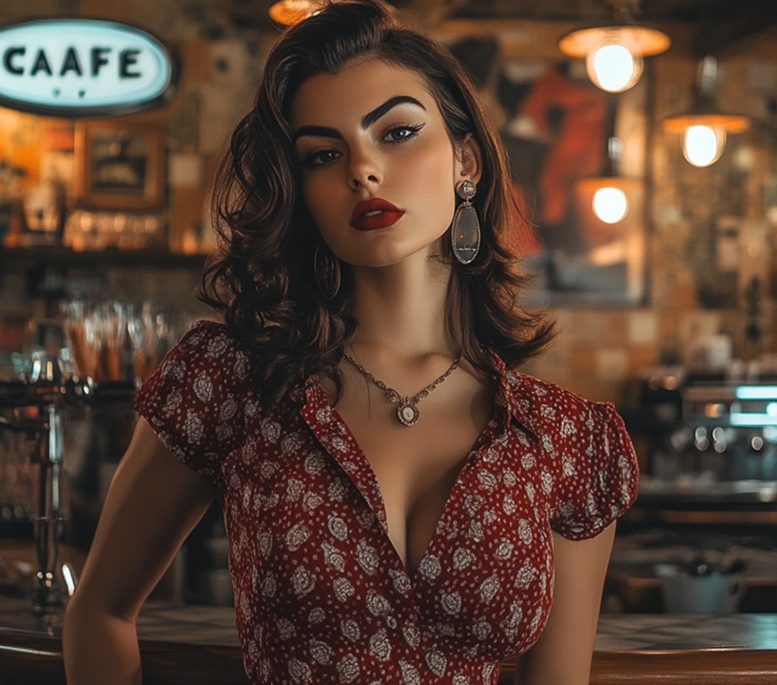 Photo of a woman in Rockabilly style stands tall with retro cafe